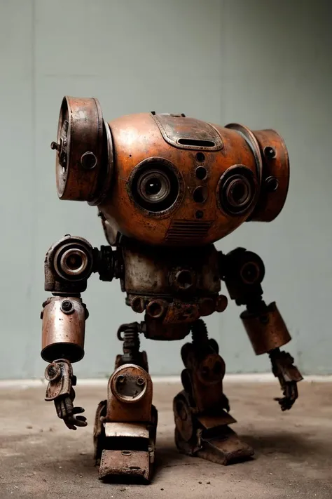 A cute robot made of rusted metal, with big eyes and detailed texture, in CLEAN BACKGROUND with DARK colors, with a centered composition and vintage feel, holding a paper sign that says "Will Work for Oil", photograph,fine textures,high quality textures of materials, volumetric textures, natural textures, (natural colors, correct white balance, color correction, dehaze,clarity),RAW,vivid colours,intricate,photo shadows,photographic