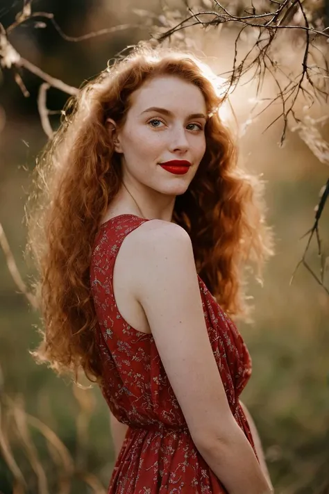 analog photo a (waist-length portrait American smile a cute girl 18yo with a red lipstick and a dress from branches),(long ginger red curly wind floating hair),posing for fashion,(look to camera),(intricate volumetric glowing abstract background:1.3),fine textures,high quality textures of materials, volumetric textures, natural textures ,detailed textures, photography, detailed photography,photoshadow, Kodak Portra 400,elegant,aesthetic,intricate,photographic,photo shadows