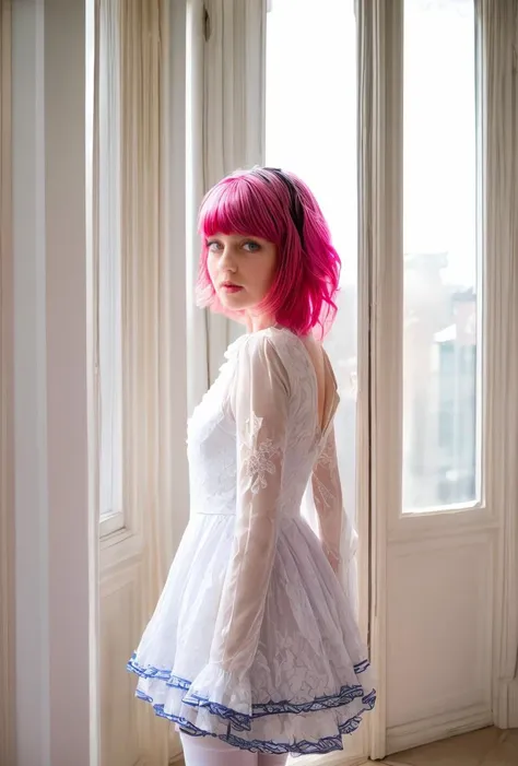 (masterpiece, best quality), 1girl, blue and white frill dress, (white stockings), pink hair, cute face, standing, indoor, intricate detail, sunlight, <lora:add_detail:1>