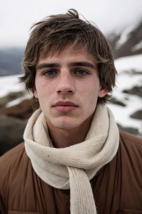 night, a white 21 years old boy, thin lips, dark blonde messy hair, slanted brown eyes, white skin, very sad expression, wearing post-apocalyptic warm clothes with a scarf, on a mountain in the middle of a snowstorm,fine textures,high quality textures of materials, volumetric textures, natural textures, (natural colors, correct white balance, color correction, dehaze,clarity),RAW,vivid colours,intricate,photo shadows,photographic