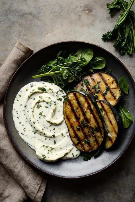 Food photography style,
mayonnaise, garlic, greens, half a grilled eggplant,olive oil
 , taken with fujifilm, 35mm lens, blurry, fujifilm colors, film grain, fine art,fine textures,high quality textures of materials, volumetric textures, natural textures