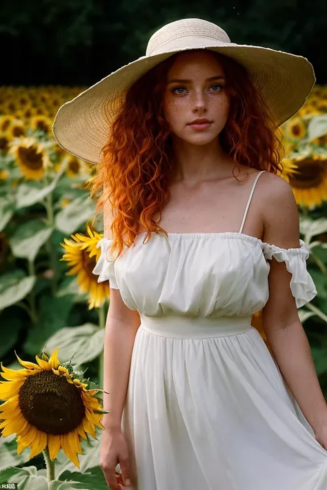 (amateur photo), (analog photo:1.2,film grain),(breathtaking painting of a gorgeous girl with a sunhat standing far out in a sunflower field, turning to look at the viewer, curly red hair, windy, cute dusting of freckles on her cheeks and shoulders, (Kokie Childers face, amazing likeness:0.5), off the shoulder white dress with skirt blowing in the wind, whimsical mood, illuminated misty irish forest in the far background, by marc simonetti and yoji shinkawa and wlop, style of guweiz, edwin landseer, eye-catching detail, insanely intricate, vibrant light and shadow ,beauty),vivid colours,realistic,photographic, (natural colors, correct white balance, color correction, dehaze,clarity)