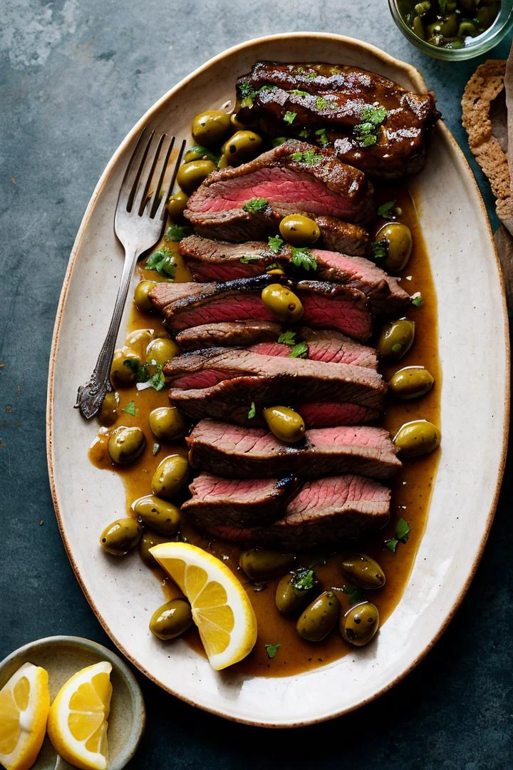 Food photography style,grilled beef on rib, lemon, green olives, sauce
, taken with fujifilm, 35mm lens, blurry, fujifilm colors, film grain, fine art, ,fine textures,high quality textures of materials, volumetric textures, natural textures