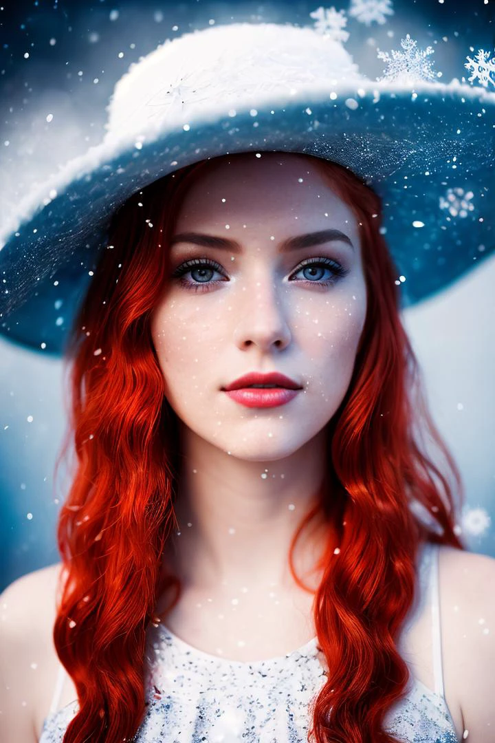 Fine art photography, (amateur photo), (analog photo:1.2,film grain),(waist-length portrait, a woman with long red hair wearing a hat),(long ginger red curly wind floating hair),posing for fashion,(look to camera),(intricate snowflakes volumetric glowing abstract background:1.3), in the style of intimacy, dreamscape portraiture, solarization, shiny kitsch pop art, solarization effect, reflections and mirroring, photobash, (composition centering, conceptual photography)),vivid colours,realistic,photographic, (natural colors, correct white balance, color correction, dehaze,clarity), background rich in details, conceptual image,masterpiece, award winning photography