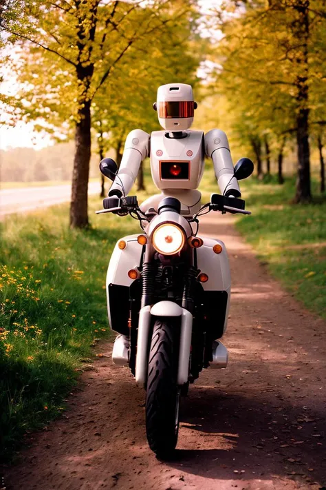 (amateur photo), (analog photo:1.2,film grain),(Ai robot riding on moto,),vivid colours,realistic,photographic, (natural colors, correct white balance, color correction, dehaze,clarity)