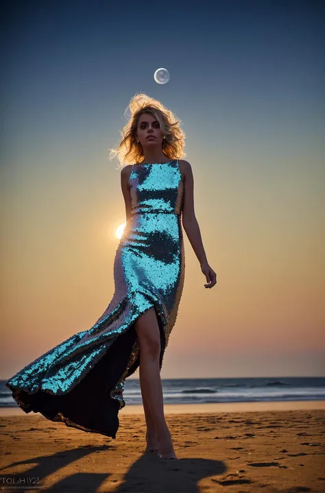 1girl, "elegant-sequin-party-dress", walking on the beach, full-body-shot, windblown-hair, (dramatic makeup), colorful, amazing, perfect lighting, bright colors, dramatic, dynamic, cinematic lighting,  intricate details, epic, ((night, moonlight)),  fashion photography,(analog photo:1.2,film grain),(prompt),vivid colours,realistic,photographic, (natural colors, correct white balance, color correction, dehaze,clarity), background rich in details, conceptual image,masterpiece, award winning photography