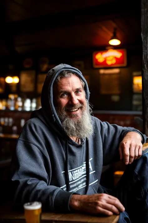 photo RAW,A laugh huge homeless man wearing dirty shorts and a hoodie, sitting in beer pub, exceptional shallow depth-of-field capabilities, atmospheric haze blur,vivid colors,high quality textures of materials, volumetric textures, coating textures, metal textures, (composition centering, conceptual photography)