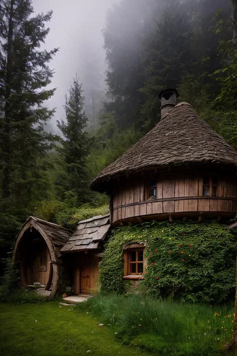 photo RAW,a medieval hobbit house, surrounded by trees, exceptional shallow depth-of-field capabilities, atmospheric blur,vivid colors,, high quality textures of materials, volumetric textures, coating textures, metal textures, dusty atmospheric haze