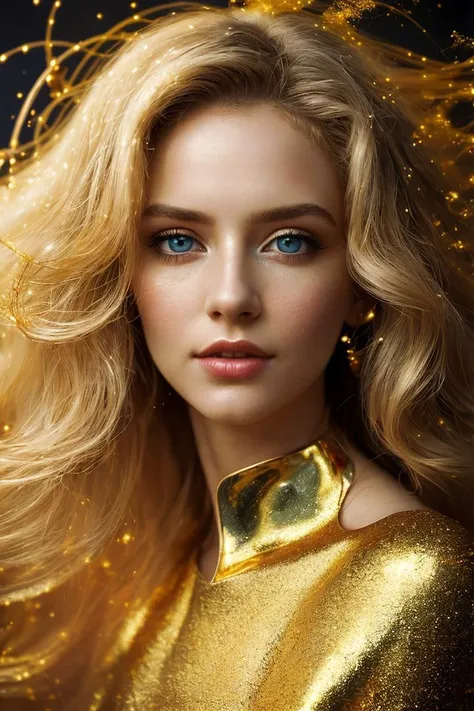 Fine art photography, analog photo a waist-length portrait, a skinny young woman with long hair wearing a sexy dress),(short blonde curly wind floating hair),posing for fashion,(look to camera),(intricate golden dust volumetric glowing abstract background:1.3), in the style of intimacy, dreamscape portraiture, solarization, shiny kitsch pop art, solarization effect, reflections and mirroring, photobash, (composition centering, conceptual photography),(extremely fine and beautiful),(perfect details), (detailed beautiful eyes:1.2),(beautiful face:1.2) ,detailed textures, photography, detailed photography,photoshadow, background rich in details, conceptual image,masterpiece, award winning photography,(intricate detailed of background)