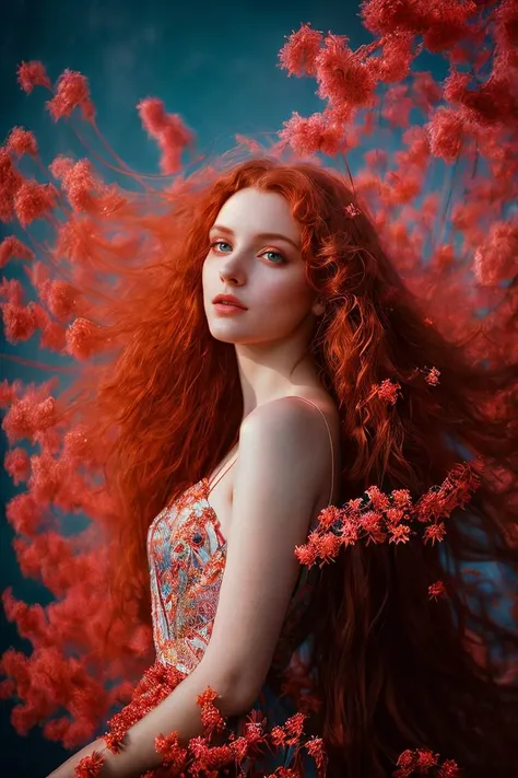 Fine art photography, analog photo a waist-length portrait, a skinny young woman with long hair wearing a sexy dress),(long ginger red curly wind floating hair),posing for fashion,(look to camera),(intricate flowers volumetric glowing abstract background:1.3), in the style of intimacy, dreamscape portraiture, solarization, shiny kitsch pop art, solarization effect, reflections and mirroring, photobash, (composition centering, conceptual photography),(extremely fine and beautiful),(perfect details), (detailed beautiful eyes:1.2),(beautiful face:1.2) ,detailed textures, photography, detailed photography,photoshadow, background rich in details, conceptual image,masterpiece, award winning photography,(intricate detailed of background)