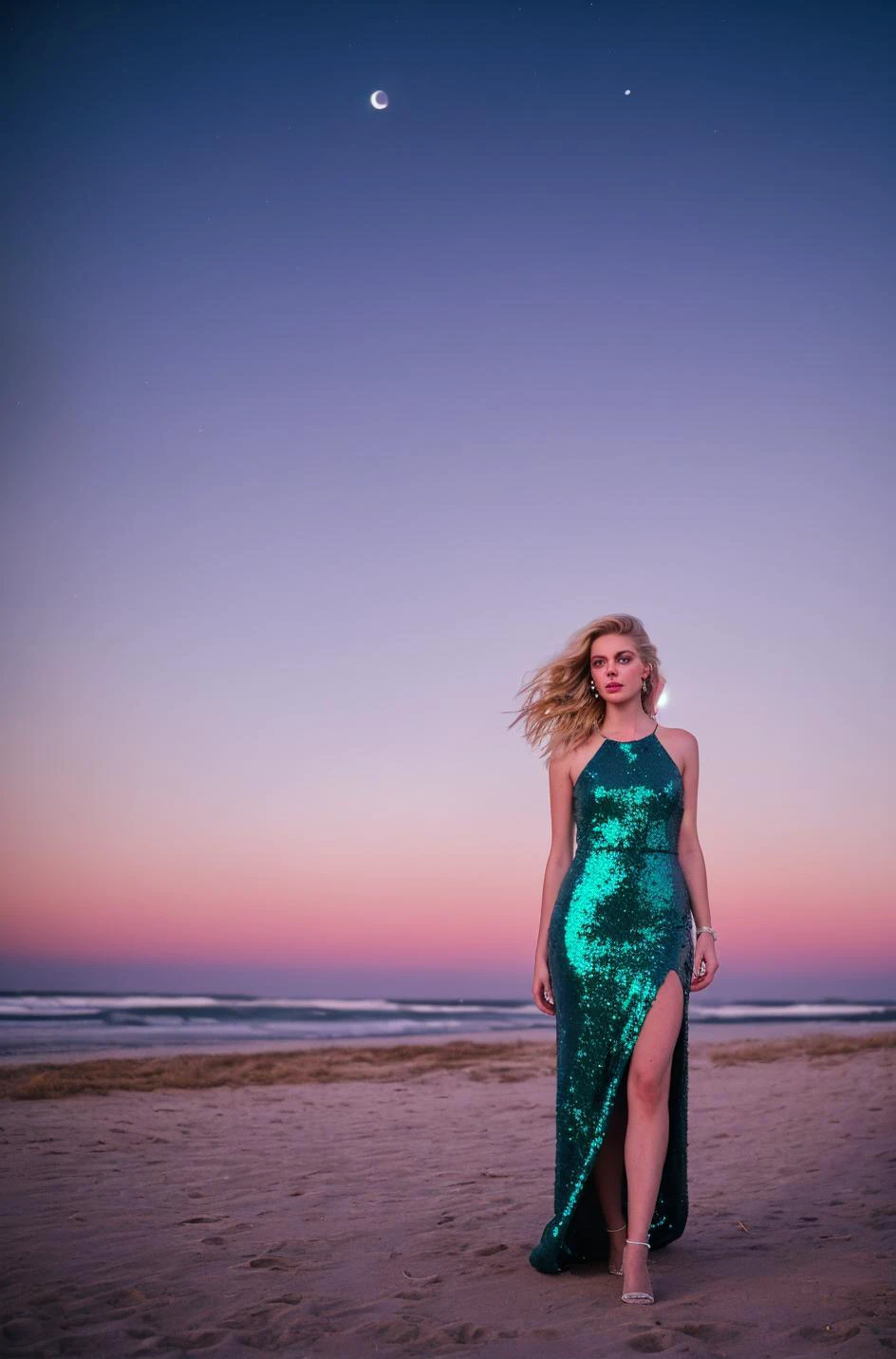 1girl, "elegant-sequin-party-dress", walking on the beach, full-body-shot, windblown-hair, (dramatic makeup), colorful, amazing, perfect lighting, bright colors, dramatic, dynamic, cinematic lighting, intricate details, epic, ((night, moonlight)), fashion photography,(analog photo:1.2,film grain),(prompt),vivid colours,realistic,photographic, (natural colors, correct white balance, color correction, dehaze,clarity), background rich in details, conceptual image,masterpiece, award winning photography