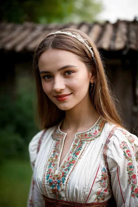 Fine art photography, (amateur photo), (analog photo:1.2,film grain),(a close-up skinny village peasant young woman wearing with traditional national ethnic lace dress in garten,long hair,light smile,posing fashion magazine,dof,bokeh),vivid colours,realistic,photographic, (natural colors, correct white balance, color correction, dehaze,clarity), background rich in details, conceptual image,masterpiece, award winning photography