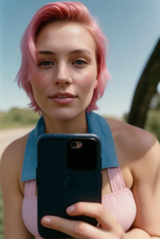 (analog photo) of a cute 20-year-old woman with short pink hair taking a photo with her iPhone, natural skin texture, realistic skin texture, (skin pores:0.8), (skin oils:0.6), outdoors, (blue sky in the background:1.2), masterpiece, award winning photography, fine art photography