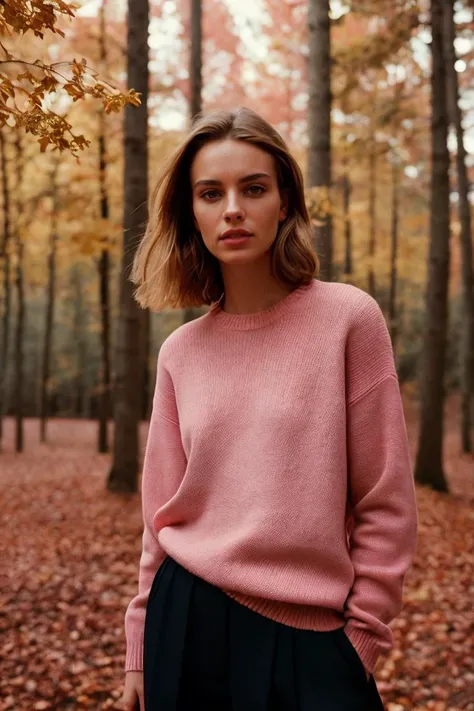 photo RAW,Elegant minimalistic photography, 1990s, (beautiful) model wearing a pink jumper, red autumn forest background, natural lighting, chaos, minimalist, close-up portrait
, exceptional shallow depth-of-field capabilities, atmospheric haze blur,vivid colors,high quality textures of materials, volumetric textures, coating textures, metal textures