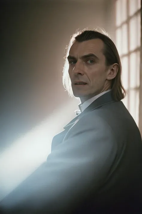 photo for an Instagram post,Give me a hyper-realistic image of Count Orlock's Vampire, the count has his hands forward, his fingers are elongated and his nails are very long, his expression is menacing, his mouth and vampire teeth are sharp, he uses a gray and light blue shade of black, the image must be cinematic the background of the detailed ship, , chiaroscuro, analog photo from album, aesthetic, cold cool pastel colors, white hatchted highlights,film grain,Lens flare, hyper realistic,fine textures,high quality textures of materials, volumetric textures, natural textures, (natural colors, correct white balance, color correction, dehaze,clarity)