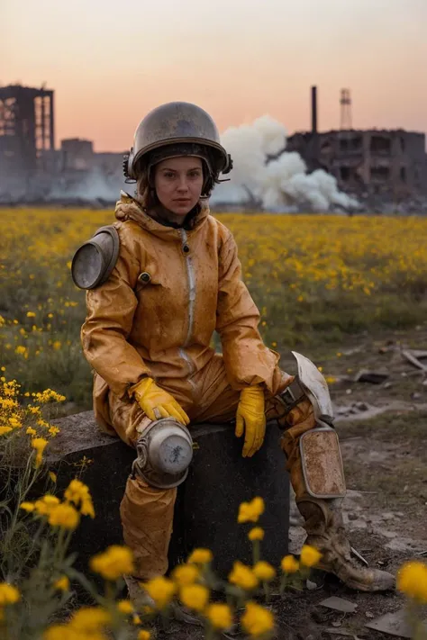 (post-apocalyptic:1.3),night, a beautiful cute girl in a yellow rubberized chemical protection suit, helmet, sitting a field of flowers, (with smoke and a nuclear explosion in ruins New York the background),,90th photos from photo album, film, vintage style, flash from camera, hyper realistic,fine textures,high quality textures of materials, volumetric textures, natural textures, (natural colors, correct white balance, color correction, dehaze,clarity)