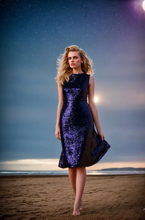 1girl, "elegant-sequin-party-dress", walking on the beach, full-body-shot, windblown-hair, (dramatic makeup), colorful, amazing, perfect lighting, bright colors, dramatic, dynamic, cinematic lighting, intricate details, epic, ((night, moonlight)), Fine art photography, (amateur photo), (analog photo:1.2,film grain),(prompt),vivid colours,realistic,photographic, (natural colors, correct white balance, color correction, dehaze,clarity), background rich in details, conceptual image,masterpiece, award winning photography