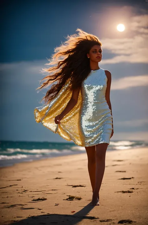 Fashion model photography, ballet dress made of big seashells, big seashells in various shapes and colors, strong sense of design, medium shot, Australian girl, long hair, hair accessories, delicate skin, smiling, wide ocean in the background, high quality, natural light