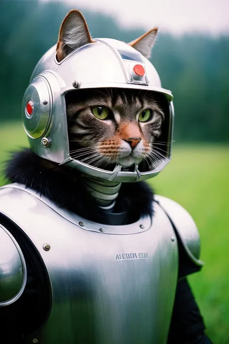 Fine art photography, (amateur photo), (analog photo:1.2,film grain),(a robot cat in fur armor,helmet),vivid colours,realistic,photographic, (natural colors, correct white balance, color correction, dehaze,clarity), background rich in details, conceptual image,masterpiece, award winning photography