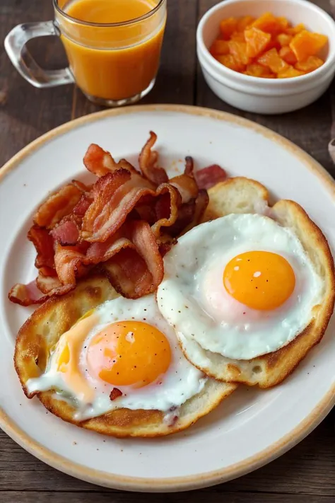 Food photography style,
Classic American breakfast, fried egg with bacon, orange juice, tomato, cucumber
 , taken with fujifilm, 35mm lens, blurry, fujifilm colors, film grain, fine art,fine textures,high quality textures of materials, volumetric textures, natural textures