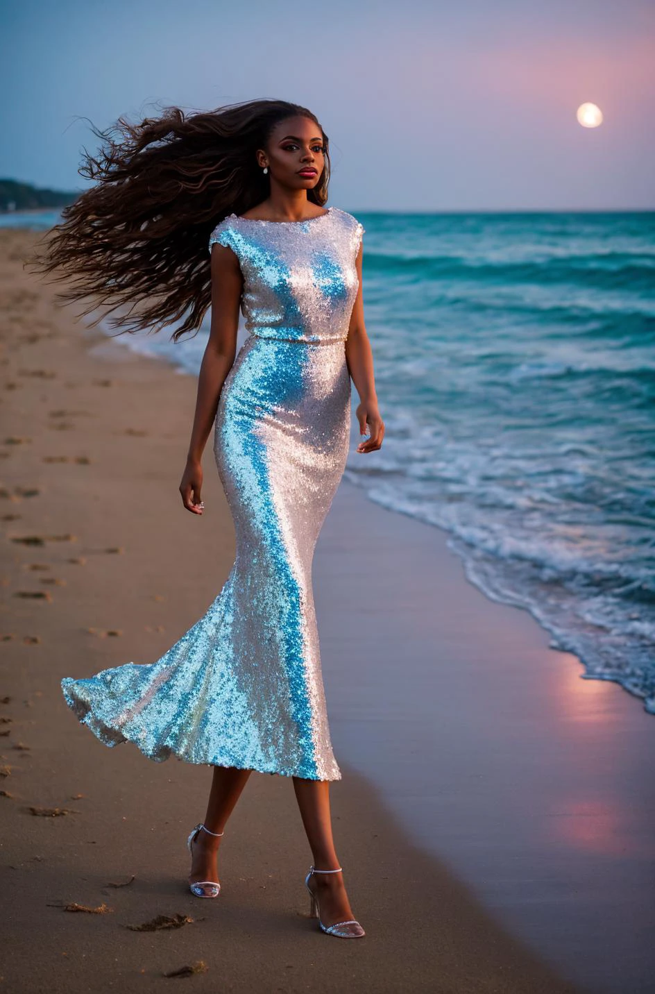 1girl, "elegant-sequin-party-dress", walking on the beach, full-body-shot, windblown-hair, (dramatic makeup), colorful, amazing, perfect lighting, bright colors, dramatic, dynamic, cinematic lighting, intricate details, epic, ((night, moonlight))