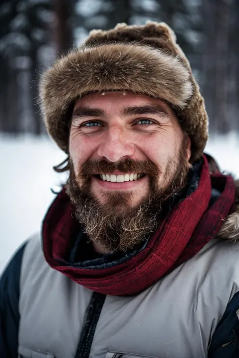 photo RAW,smiling polar explorer, bearded, snow,snowstorm,wind,snow desert on background, exceptional shallow depth-of-field capabilities, atmospheric haze blur,vivid colors,high quality textures of materials, volumetric textures, coating textures, metal textures, (composition centering, conceptual photography)
