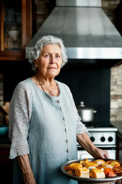 photo RAW,grandmother stands with rolls on a tray, in the kitchen near the stove
, exceptional shallow depth-of-field capabilities, atmospheric haze blur,vivid colors,high quality textures of materials, volumetric textures, coating textures, metal textures, (composition centering, conceptual photography)