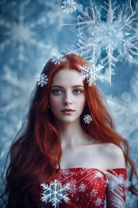 Fine art photography, analog photo a waist-length portrait, a skinny young woman with long hair wearing a sexy dress),(long ginger red curly wind floating hair),posing for fashion,(look to camera),(intricate snowflakes volumetric glowing abstract background:1.3), in the style of intimacy, dreamscape portraiture, solarization, shiny kitsch pop art, solarization effect, reflections and mirroring, photobash, (composition centering, conceptual photography),(extremely fine and beautiful),(perfect details), (detailed beautiful eyes:1.2),(beautiful face:1.2) ,detailed textures, photography, detailed photography,photoshadow, background rich in details, conceptual image,masterpiece, award winning photography,(intricate detailed of background)