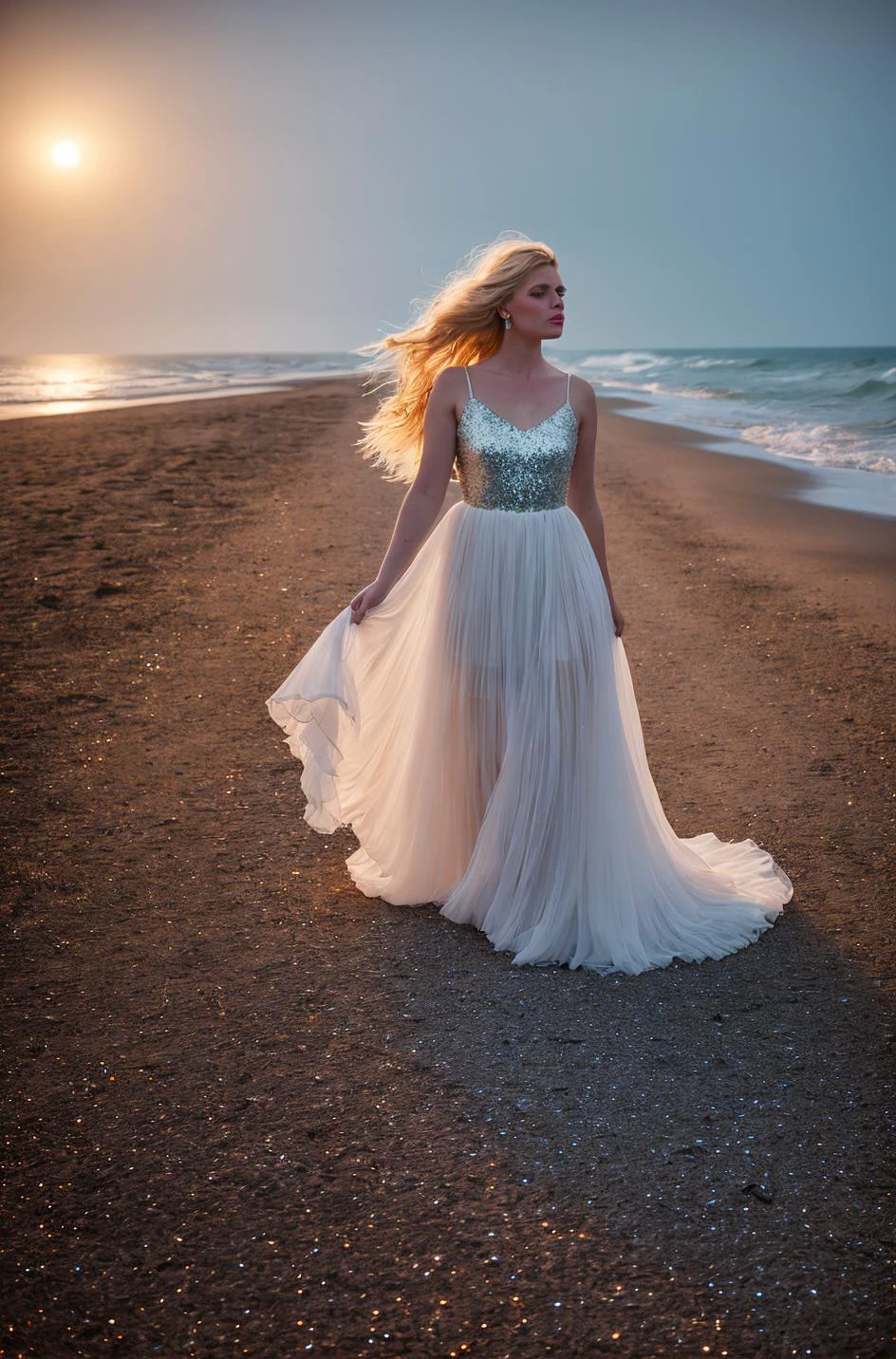 1girl, "elegant-sequin-party-dress", walking on the beach, full-body-shot, windblown-hair, (dramatic makeup), colorful, amazing, perfect lighting, bright colors, dramatic, dynamic, cinematic lighting, intricate details, epic, ((night, moonlight)), fashion photography,(analog photo:1.2,film grain),(prompt),vivid colours,realistic,photographic, (natural colors, correct white balance, color correction, dehaze,clarity), background rich in details, conceptual image,masterpiece, award winning photography