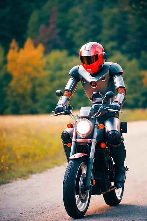 Fine art photography, (amateur photo), (analog photo:1.2,film grain),(Ai robot riding on moto),vivid colours,realistic,photographic, (natural colors, correct white balance, color correction, dehaze,clarity), background rich in details, conceptual image,masterpiece, award winning photography