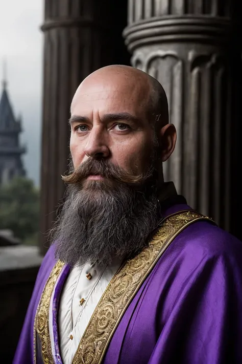 Fine art photography, (amateur photo), (analog photo:1.2,film grain),(Warcraft style bust of fantasy male wizard, middle-aged, slim, bald head, mid-length grey beard, purple robes with gold detail, standing in a magical tower),vivid colours,realistic,photographic, (natural colors, correct white balance, color correction, dehaze,clarity), background rich in details, conceptual image,masterpiece, award winning photography