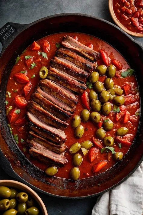 Food photography style,braised smoked grilled ribs with tomatoes, green olives, sauce,onion,
, taken with fujifilm, 35mm lens, blurry, fujifilm colors, film grain, fine art, ,fine textures,high quality textures of materials, volumetric textures, natural textures