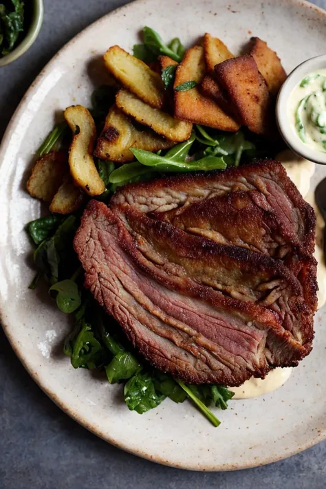 Food photography style,
fried zucchini, mayonnaise, garlic, greens, smoked brisket
, taken with fujifilm, 35mm lens, blurry, fujifilm colors, film grain, fine art,fine textures,high quality textures of materials, volumetric textures, natural textures