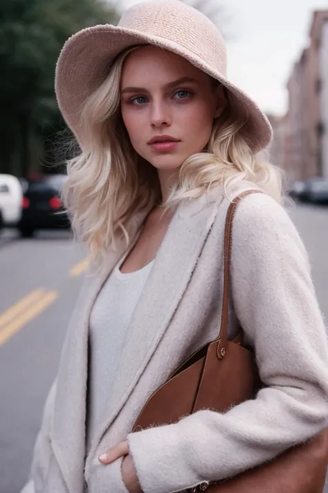 photo for an Instagram post,fashion week, photography, model with white curly hair, the girl has a refined face, big eyes, plump lips and a small nose, tall and thin, bright makeup, voluminous clothes, bright colors, casual clothes, cap, hat, shopper bag, , chiaroscuro, analog photo from album, aesthetic, cold cool pastel colors, white hatchted highlights,film grain,Lens flare, hyper realistic,fine textures,high quality textures of materials, volumetric textures, natural textures, (natural colors, correct white balance, color correction, dehaze,clarity)