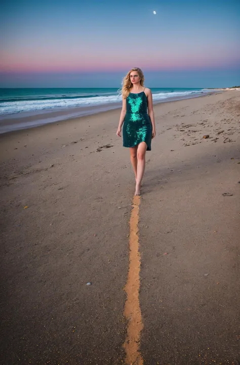 1girl, "elegant-sequin-party-dress", walking on the beach, full-body-shot, windblown-hair, (dramatic makeup), colorful, amazing, perfect lighting, bright colors, dramatic, dynamic, cinematic lighting, intricate details, epic, ((night, moonlight)), Fine art photography, (amateur photo), (analog photo:1.2,film grain),(prompt),vivid colours,realistic,photographic, (natural colors, correct white balance, color correction, dehaze,clarity), background rich in details, conceptual image,masterpiece, award winning photography