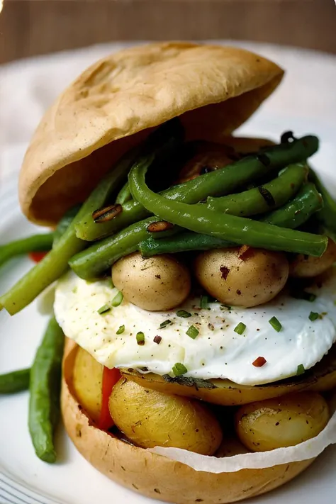 analog photo, film grain, ussr, (Provence style),grilled eggshell hat with potato, green pepper, sauce, onions