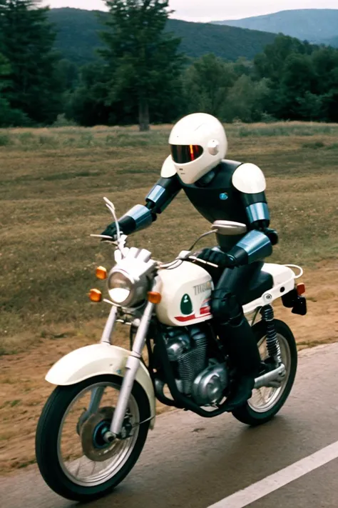 analog photo, film grain, Ai robot riding on moto