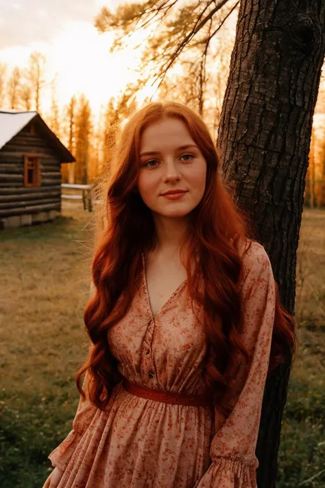 analog photo,ussr,film grain,a close-up cute girl in a dress leaning on a tree branch, Russian romanticism, very long flowing red hair, red haired young woman, russian village,wooden house,sunrays,sunset,sky clouds