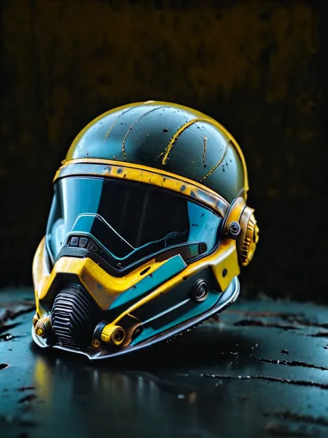 photo focus on military biohazard-helmet, still life, science fiction, cyberpunk, <IteMaker>, black background, blue theme , grit, (rust:0.4), cracks, cracked surface, subtle messy, dust, weary, edges rusty dusty, surface scratches, peeled sun bleeched paint, smudges, crumbles, rugged, used, film, professional, 4k, highly detailed
(construction yellow black theme:1.2)
biohazard-energy,
<lora:IteMaker_SD_1.2:1>