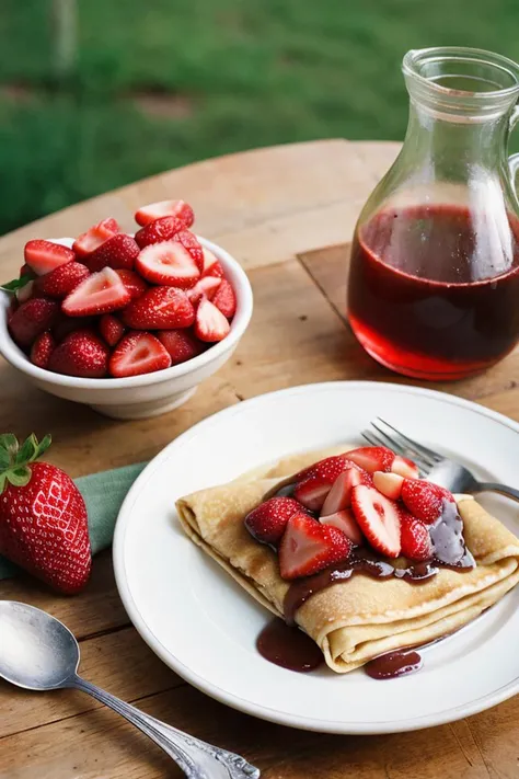 (analog photo, film grain), (Provence style),dessert, strawberry in syrup, crepe, topping, apple peel