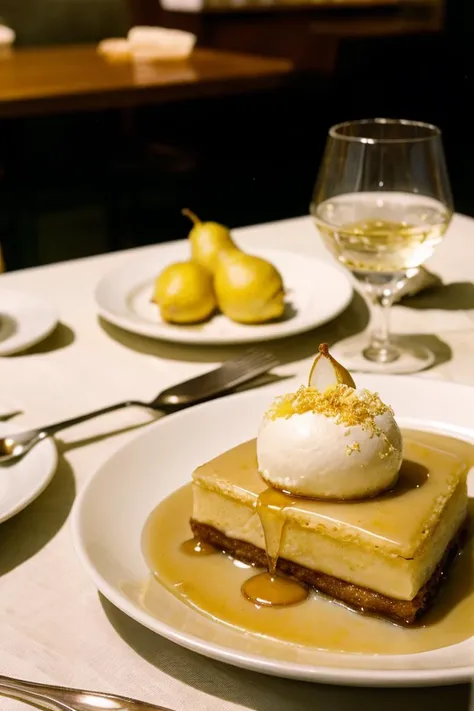 (analog photo, film grain), (Michelin restaurant luxury style),dessert, lemon slice in syrup, batter, topping, pear
