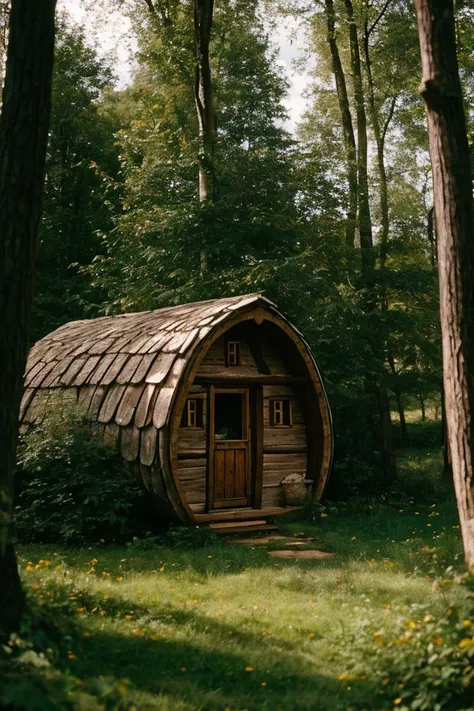 analog photo,film grain,a medieval hobbit house, surrounded by trees