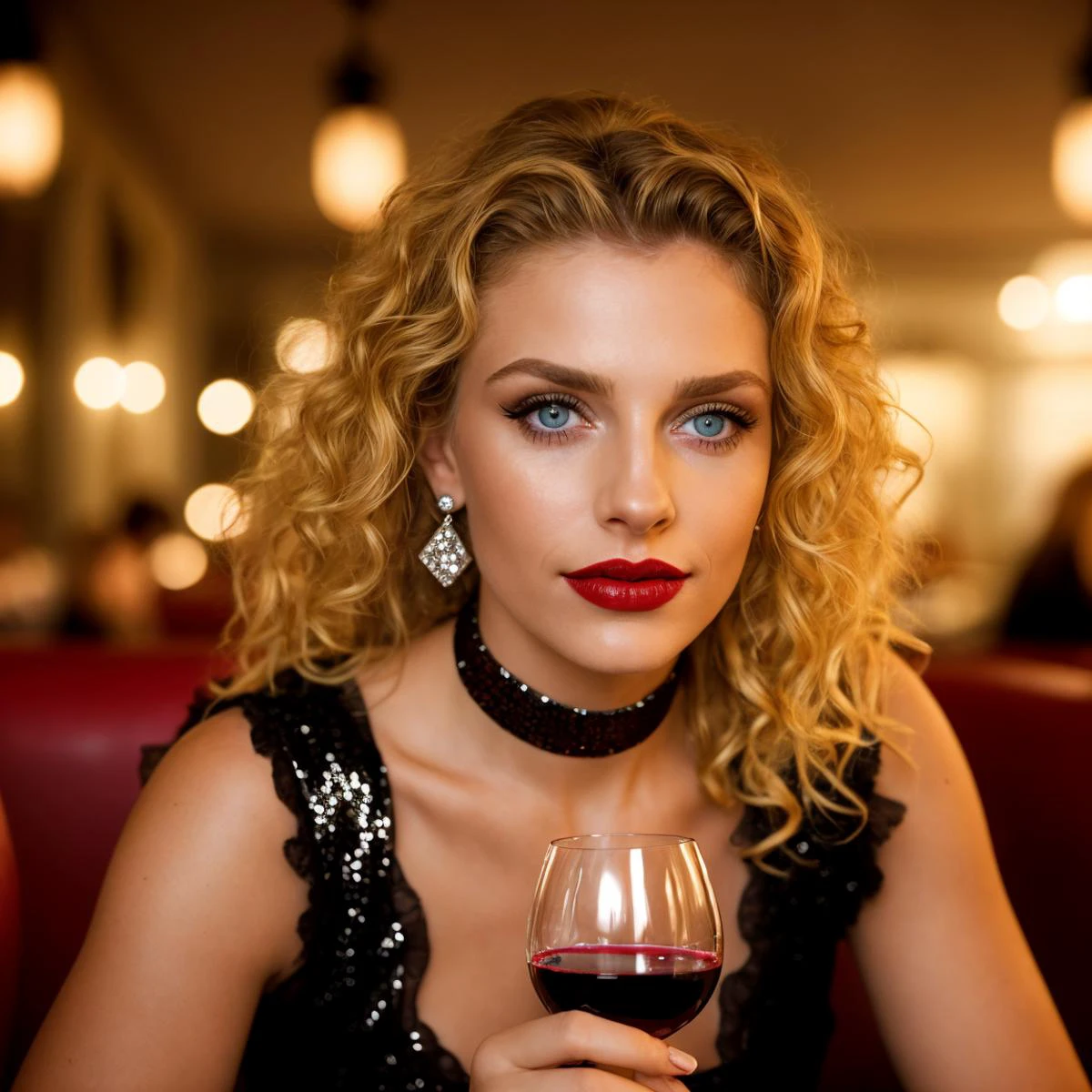 RAW photo, 1girl, Marlena, German, fit, curly golden blonde hair, large dark eyes, thin lips, lipgloss, kohl, <lora:thicc_v2.3:0.3>, <lora:breastsizeslideroffset:0.2>, , , shy expression, wearing a sequin dress, wearing a diamond choker, red lips, dramatic makeup, sitting in a restaurant, holding a glass of wine, medium closeup shot,, 8k resolution, highres, high detail, sharp focus, detailed skin, 8k uhd,