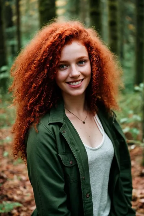 photo RAW,a red ginger curly hair, laugh girl 18yo,green forest,
, exceptional shallow depth-of-field capabilities, atmospheric haze blur,vivid colors,high quality textures of materials, volumetric textures, coating textures, metal textures, (composition centering, conceptual photography)