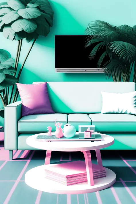 a living room with a couch, chair, and a table , vapor_graphic