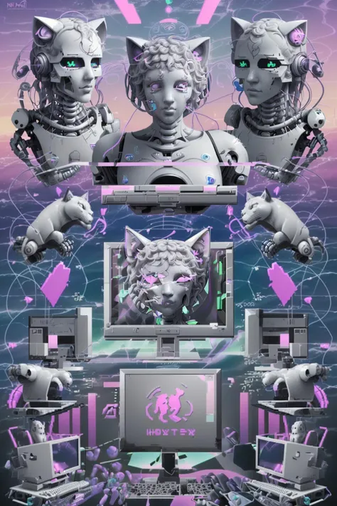 a computer screen and a text box in the middle, robot cat, floating with skeleton , vaporwave, digital art, computer art , vapor_graphic
<lora:vapor_graphic-10:1>