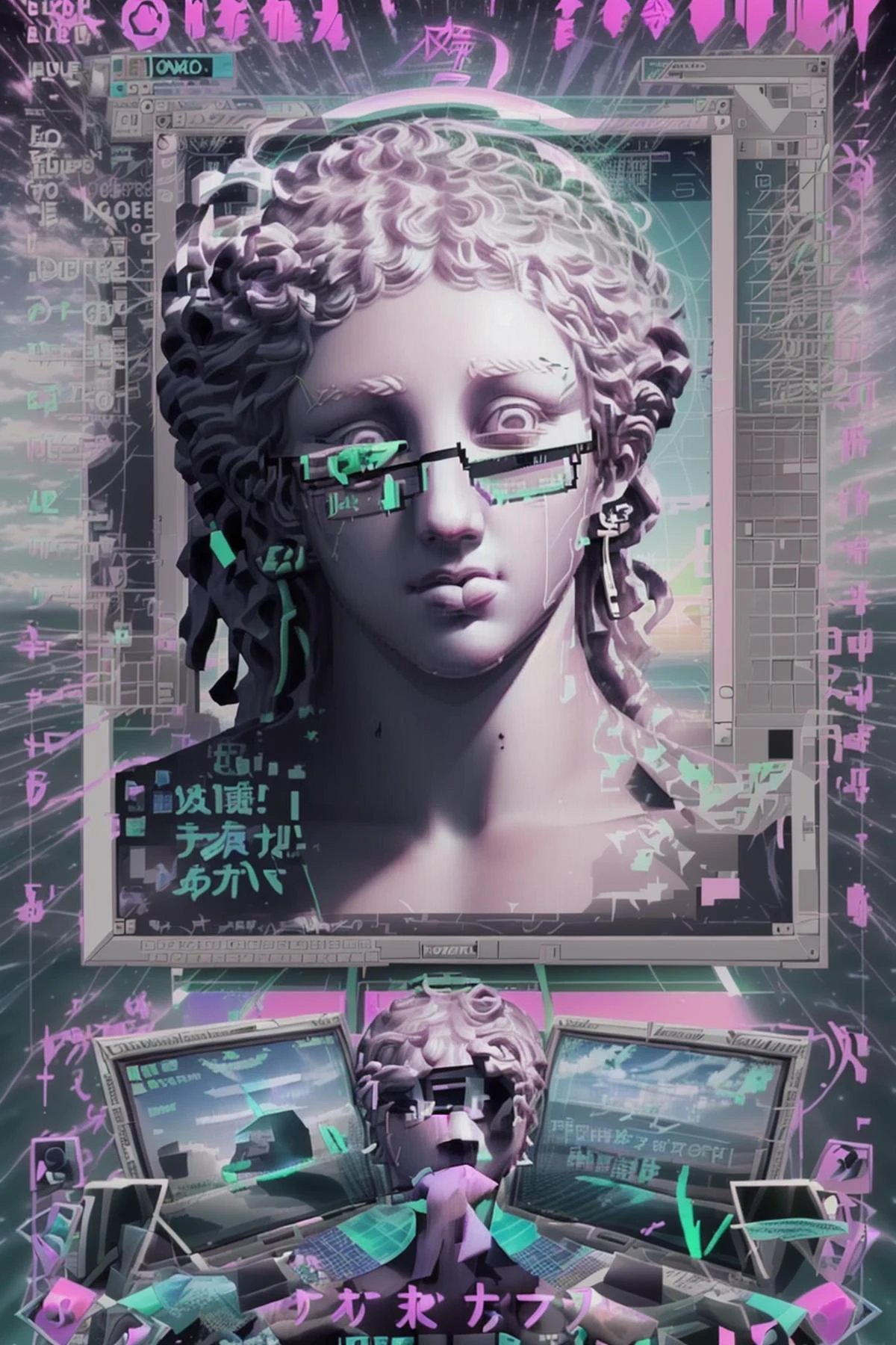 a computer screen and a text box in the middle , vaporwave, digital art, computer art , vapor_graphic
<lora:vapor_graphic-10:1>