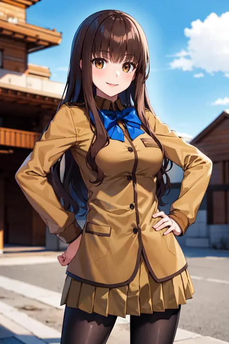 masterpiece, best quality, highres, hmkh1, blue bowtie, blue bow, brown skirt, brown jacket, black pantyhose, school uniform, <lora:kishinami_hakuno_v1:0.7>, cowboy shot, hand on hip, smile, outdoors, filed,