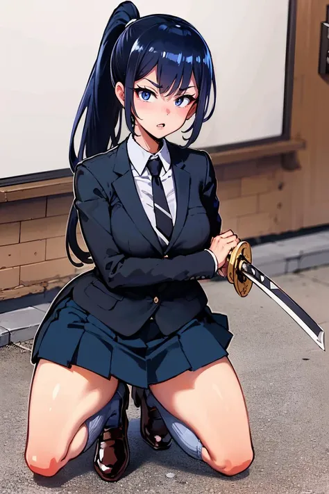 iom, 1girl, solo, long hair, looking at viewer, blue eyes, skirt, large breasts, black hair, holding, school uniform, jacket, full body, ponytail, weapon, thighs, pleated skirt, necktie, shoes, socks, sword, holding weapon, brown footwear, holding sword, blazer, katana, loafers, sheath, black necktie <lyco:fan_no_hitori-16:0.8>