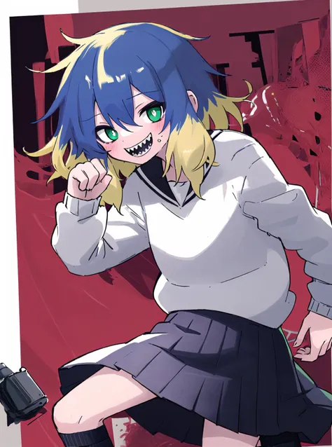 1boy, solo, blue hair, multicolored hair, sharp teeth, school uniform, blonde hair, white background, skirt, teeth, green eyes, smile, black footwear, sweat, black skirt, serafuku, socks, pleated skirt, shirt, white shirt, shoes, white socks, long sleeves, hair between eyes standing,(cowboy shot:1.3),medium locks,siriri,sts boy,cinematic angle,(cinematic pose:0.7),(happy:1.3),simple background, <lyco:siririrycov3:1>